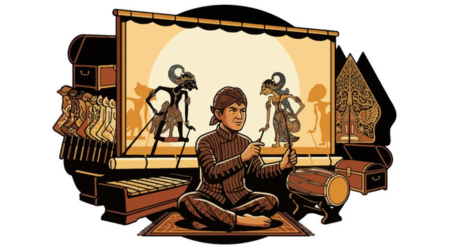 Indonesian Dalang Puppeteer Performing Traditional Wayang Kulit Shadow Puppet Show Illustration. EPS Editable