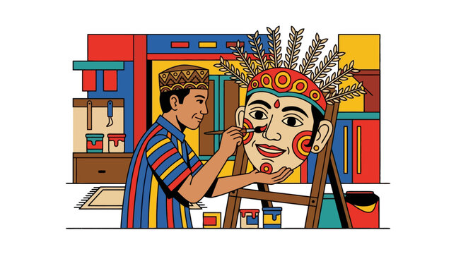 Indonesian artist painting a traditional Betawi Ondel Ondel mask in a colorful workshop illustration. EPS Editable