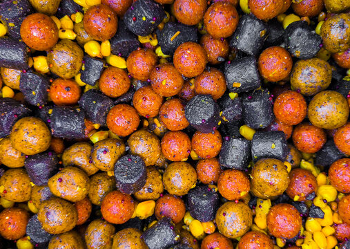 A carp fishing bait mix comprising various types of boilies, pellets and dipped seeds