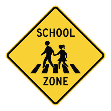 Yellow diamond-shaped school zone road sign with children crossing, indicating a pedestrian safety area flat vector illustration of traffic warning sign for school zone pedestrian crossing safety symb