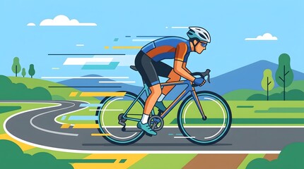 Fototapeta premium Male cyclist riding bicycle fast on countryside road in flat vector style