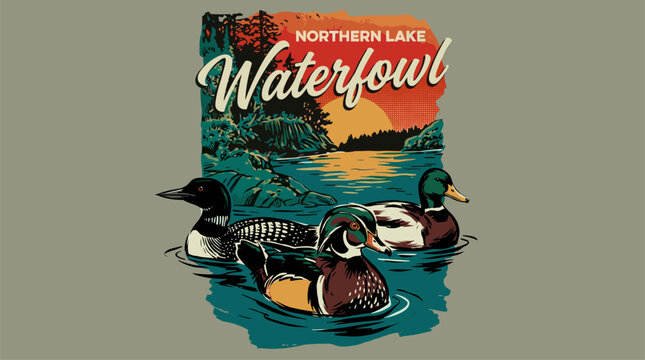 Northern lake waterfowl vintage print design for t shirt. Wild nature adventure. Explore more. Duck hunting club graphic.