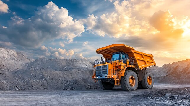 Large Yellow Mining Dump Truck Operating in Open-Pit Quarry During Sunset with Mountainous Background