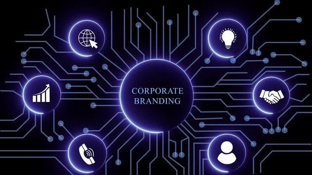 corporate branding concept with circuit lines and digital symbols hovering above a businessman, technology. manufacturing process management all connected in a digital circle like pattern.