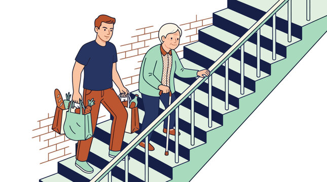 Young man helping elderly woman carry groceries up the stairs vector illustration. EPS Editable