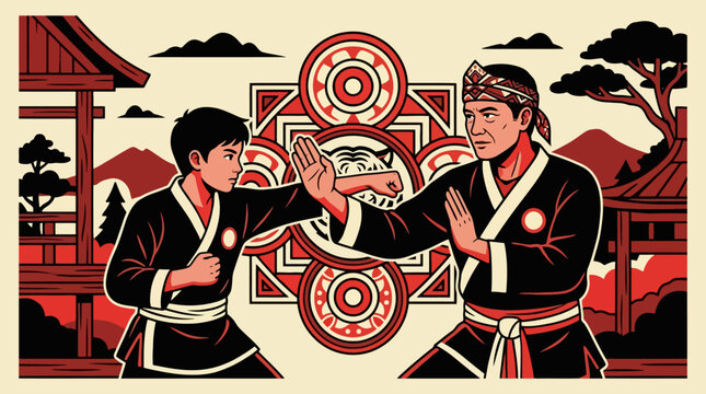 Pencak silat martial arts training illustration featuring master and student in traditional Indonesian attire. EPS Editable
