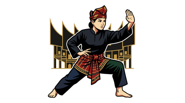 Pencak Silat martial artist in traditional Minangkabau attire performing a stance vector illustration. EPS Editable