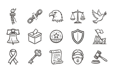 Obraz premium American patriotism and human rights outline illustrations featuring liberty bell and bald eagle