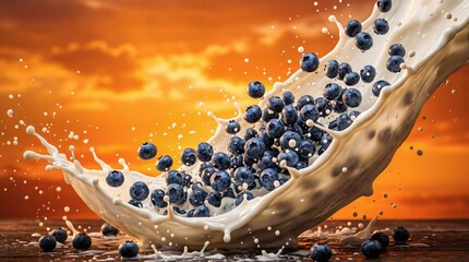 Fototapeta premium Dynamic splash of fresh blueberries falling into creamy white milk or yogurt against a vibrant orange sunset background.