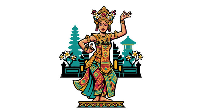 Traditional Balinese dancer performing in front of a temple gate vector illustration. EPS Editable