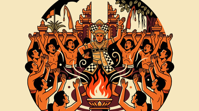 Traditional Balinese Kecak fire dance performance illustration with chanting men and temple background. EPS Editable
