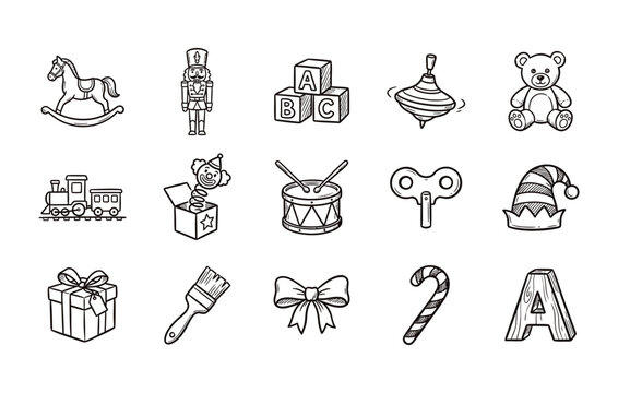 Classic toy box elements and festive gift symbols line art collection