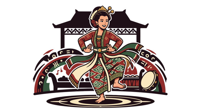 Traditional Indonesian female dancer performing cultural dance in ethnic costume vector illustration. EPS Editable