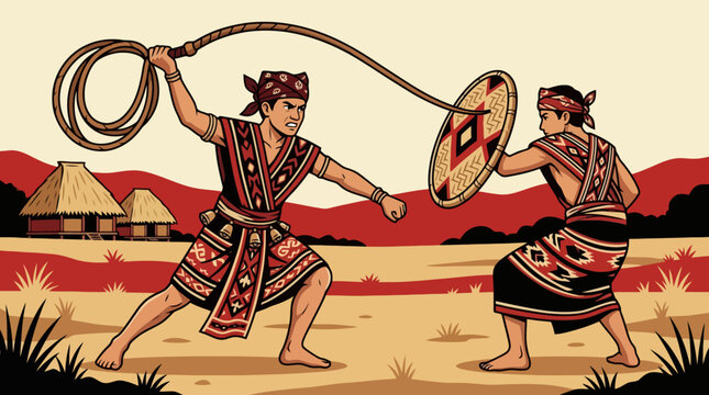 Traditional Indonesian Caci whip fight dance illustration with two warriors in ethnic costume. EPS Editable