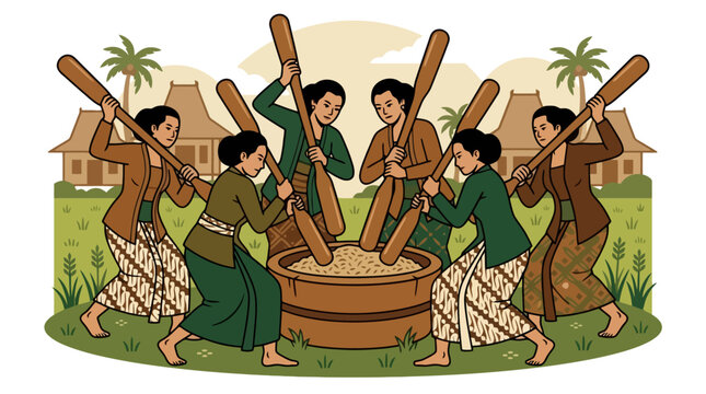 Traditional Javanese women pounding rice in a wooden mortar illustration. EPS Editable