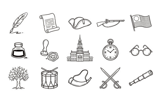 Creative collection of colonial era historical elements and artifacts sketch