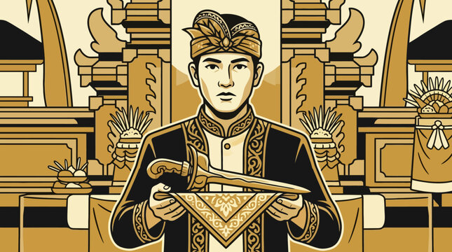 Vector illustration of a Balinese man in traditional attire holding a sacred keris dagger in front of a temple gate. EPS Editable