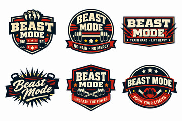 Naklejka premium Beast mode gym emblems set expressing power, strength, and motivation for fitness training and weightlifting
