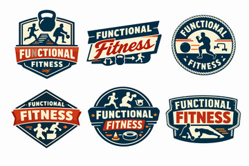 Naklejka premium Functional fitness badges set with people exercising, kettlebells, and gym equipment on a white background