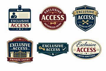 Naklejka premium Collection of vintage-style exclusive access badges, emblems, and stamps, representing private entry and authorized admittance