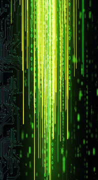 Digital circuit board with falling binary code, representing data flow and technological advancement, ideal for tech concepts