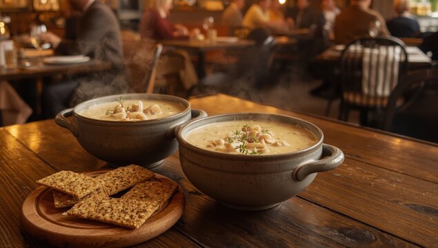 Warm, tasty clam chowder topped with fresh thyme and multigrain crackers.