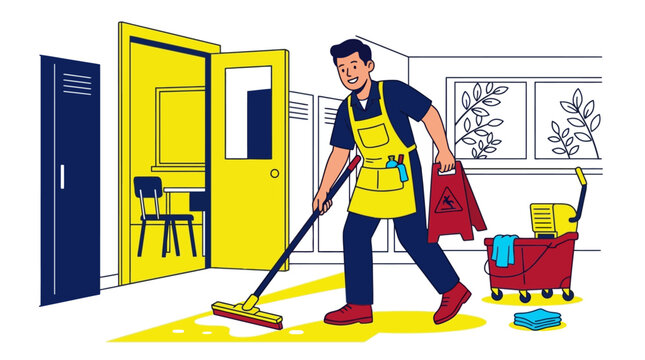 Vector illustration of a male janitor cleaning the floor in a school hallway with cleaning equipment. EPS Editable