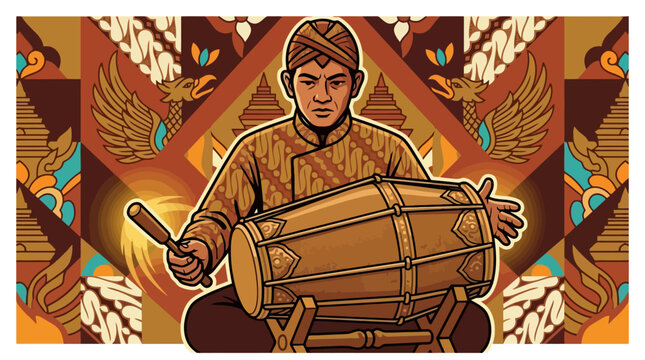 Vector illustration of a Javanese man playing traditional kendang drum with batik background. EPS Editable