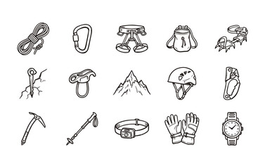Fototapeta premium Alpine expedition gear and hiking accessories outline illustrations featuring ice axe and carabiner