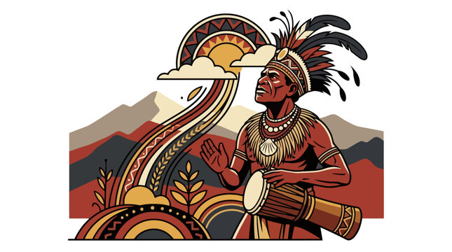 Vector illustration of a Papuan man in traditional attire playing a tifa drum against a stylized landscape background. EPS Editable