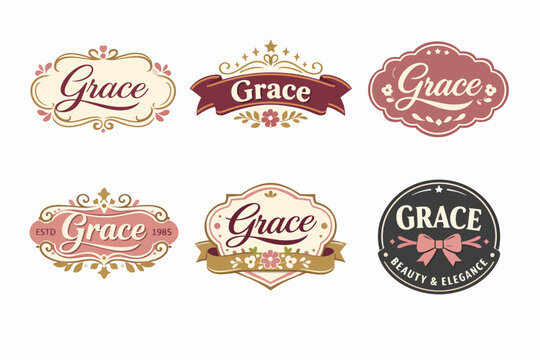 Grace wordmark logos incorporating vintage, ornate, and floral elements, creating feminine badges and emblems