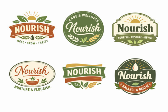 Vintage style nourish logos with organic elements illustrating natural healthy food and wellness concepts