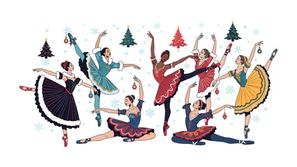 Christmas Ballet Performance: A troupe of ballerinas in festive holiday costumes performs a graceful ballet against a backdrop of snow and Christmas trees, evoking a sense of holiday cheer. © Asma