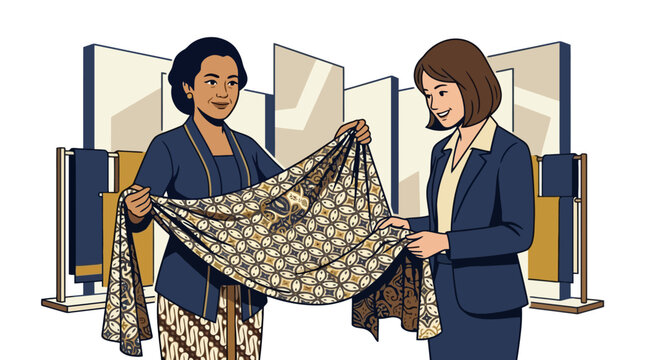 Vector illustration of an Indonesian woman showing traditional batik fabric to a businesswoman in a shop. EPS Editable