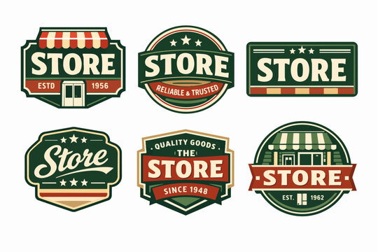 Store badges collection with vintage shop emblems, a set of retro style signage for commercial branding