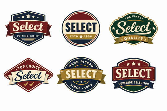 Collection of select quality vintage badges and emblem designs with ribbons for premium branding and labels