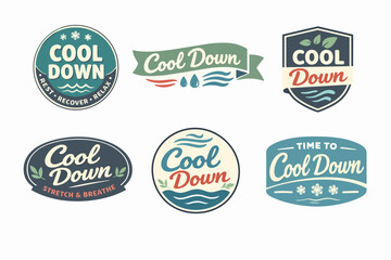Obraz premium Cool down collection of vintage style badges and labels for fitness, yoga, wellness, health, and recovery concepts