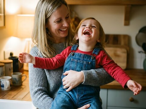 Happy mother holding her laughing child in a cozy kitchen environment, capturing a moment of joy and family bonding