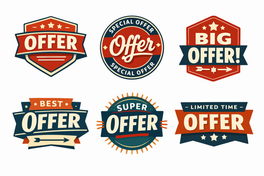 Set of retro offer badges and banners designed for marketing campaigns, advertisements, and promotional material for retail