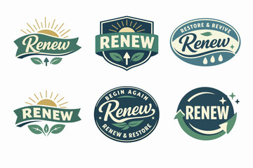 Obraz premium Renew labels collection, offering badges for sustainability, fresh starts, organic products, and eco-friendly brands