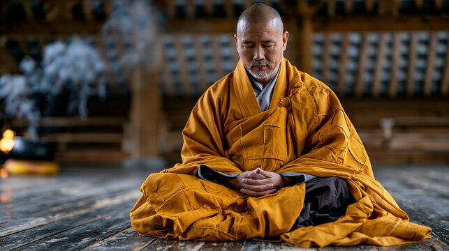Buddhist monk in saffron robes sits cross-legged on worn wooden floorboards inside a mountain monastery meditation hall, incense smoke curling upward toward latticed ceiling beams, soft ambient ligh