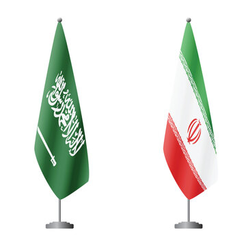 Saudi Arabia and Iran flags on flagpoles for official ceremonies and meetings, transparent background vector