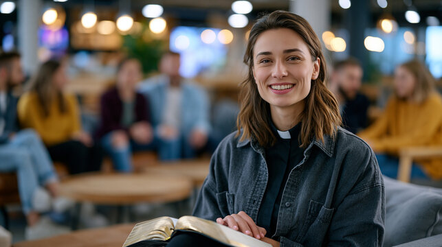 Contemporary female pastor in clerical collar leads a young adult small group in a coffee-shop style church lobby setting, Bible open on her knee, a mix of twentysomethings seated casually around he