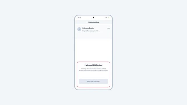 Smartphone Interface Displaying Malicious SMS Blocked Notification with Delete Message Button Mockup Video