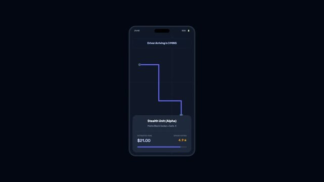 Smartphone Mockup Displaying Ride Sharing Application Interface Tracking Driver Arriving in Dark Mode