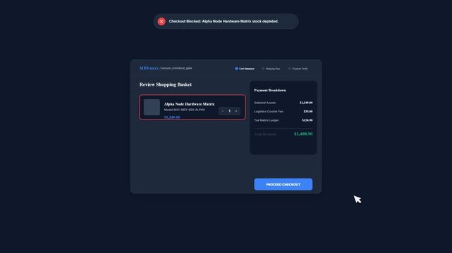 Failed checkout process with depleted stock error popup. Modern e-commerce web interface. Online shopping cart payment rejection animation. Storefront checkout UI error message notification.
