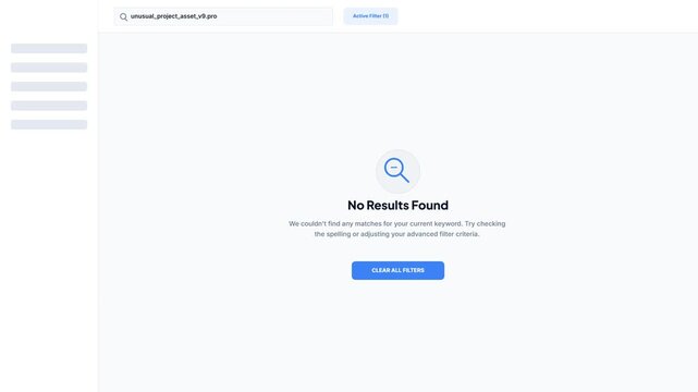 Minimalist Search Bar Interface Showing No Results Found and Clear All Filters Button