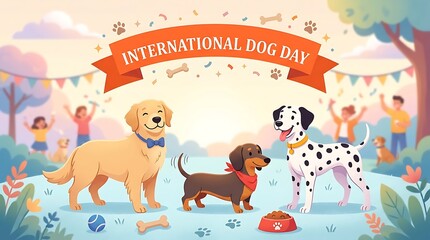 Naklejka premium Happy international dog day celebration with cute cartoon puppies playing together in a colorful park scene