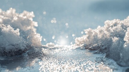Fototapeta premium Spring snow ice thaw, end of Winter Season, hope, fresh start. A closeup of waves crashing on the beach at sunset, illuminated by the golden light of the setting sun. The water is a deep blue.