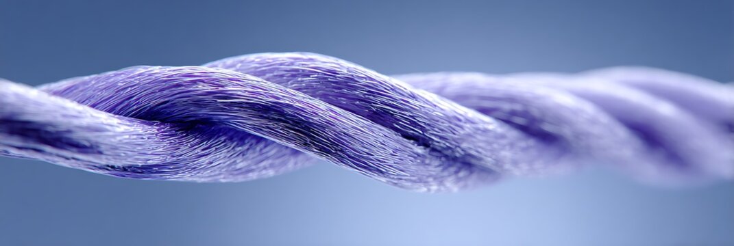 Twisted purple thread macro showing intricate fiber texture and detailed weave pattern isolated against soft blue gradient for textile industry and manufacturing concepts